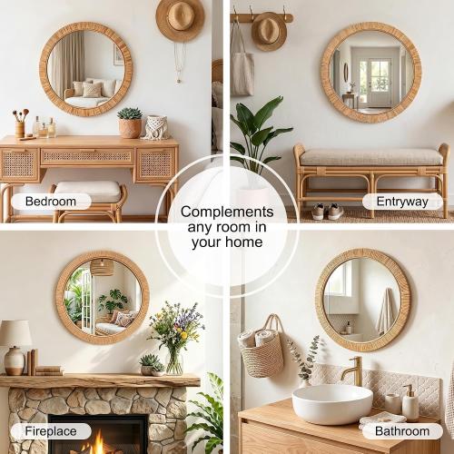 26x26 inch Large Round Rattan Mirror for Wall, Boho Decorative Wicker Mirror Waterproof Synthetic Rattan Frame, for Bathroom, Bedroom, Living Room, Entryway