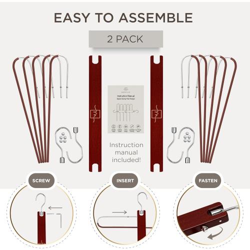 MORALVE Pants Hangers Space Saving - 2 Pack European Beechwood Scarf and Jean Hangers - Closet Organizer and Space Saver Pant Rack, Leggings Hanger, and Scarf Holder with 360° Swivel Hook