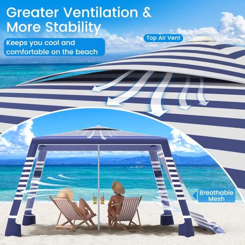 MoKo Beach Cabana, 8'×8' Large Beach Canopy with Side Wall, UPF 50  Protection Easy Setup Beach Tent Sun Shelter, Adjustable Height Wind Resistant Cabana Beach Tent for Whole Family, Navy Stripes
