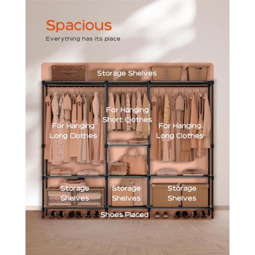 Clothes Rack, Portable Closet, 71.7 Inch Large Capacity Wardrobe Closet, Clothes Storage Organizer with Shelves and 3 Hanging Rods, Easy to Assembly, Black PCT035B01