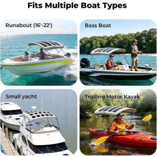 BougeRV 200W Solar Bimini Top for Boats 3-4 Bow 24V 600D Canopy | Marine solar panels bimini tops for boats,24V 25% efficient flexible panel with waterproof canopy and rear support poles