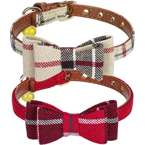 PUPTECK Puppy Collar with Bell XXS Dog Collar Charm Adjustable Bowtie Soft Leather for Cats Kittens Extra Small Dogs 2 Packs