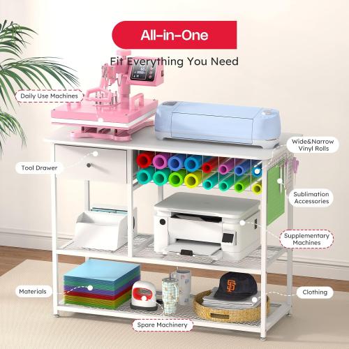 Extra Large Heat Press Table, Heat Press Stand Desk Cart with Vinyl Storage, Multi-Purpose Heavy Duty Metal Workbench for DIY Sublimation, T-Shirts Caps Mug & Tumbler Heat Transfer Projects