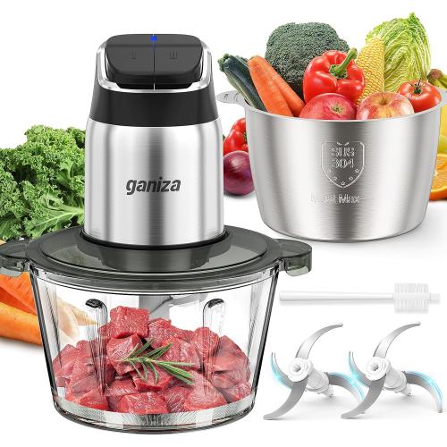Ganiza Food Processor, 2-Speed Food Chopper Meat Grinder with 8 Cup Stainless Steel & 8 Cup Glass Bowls, Upgraded Button & Smart Overheat Protection Light - Includes Clean Brush, 2 Sets of Blades