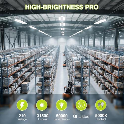 YXL 4 Pack 210W LED Linear High Bay Shop Light, Larger Central Lighting Area, 31500LM, 120-277V, 0-10V, 5000K, Commercial Linear High Bay Led Shop Lights for Warehouse Industrial Garage Workshops,