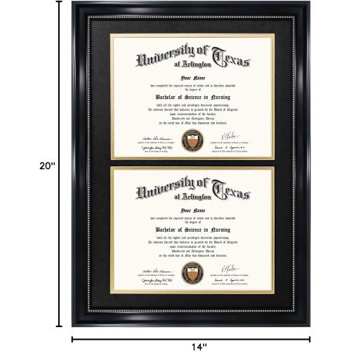 GraduationMall 14x20 Double Diploma Frame, Display 8.5x11 Certificate with Black over Gold Mat,UV Protection Acrylic,Black with Silver Beads