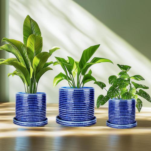 Ceramic Plant Pots, 3 Pack 6 8 10 Inch Indoor/Outdoor Planters with Drainage Hole, Mesh Pad & Saucer Unique Handcrafted Crackle Glaze Ceramic Flower Pots for Home Garden & Indoor Flower Pot Decor-Blue