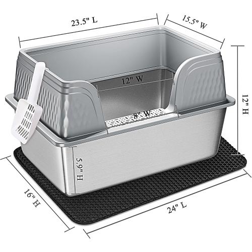 Vealind XXL Stainless Steel Cat Litter Box High Sided with Lid 23.7 L x 16 W x 14 H Anti Leakage Extra Large Metal Cat Litter Tray with Scoop and Mat for Big Cats (Grey)