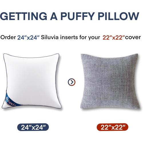 Siluvia 24x24 Pillow Inserts Set of 2 Square Throw 24 Euro Pillows with 100% Cotton Cover for Sofa, Couch, and Bed - White