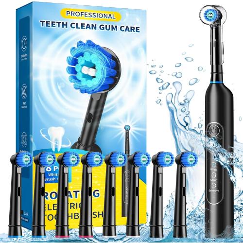 Rotating Electric Toothbrush for Adults with 8 Brush Heads, Sensitive Gum Care Electric Toothbrush with 3 Modes and 2 Min Smart Timer, Rechargeable Last 60 Days