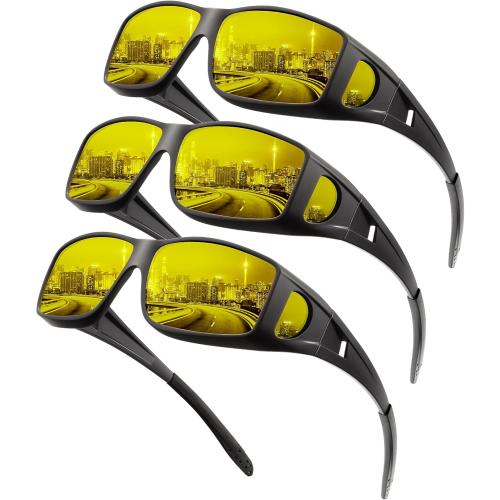 3 PACK KALIYADI Night-Vision-Glasses Fit-Over-Glasses Wrap-Around Glasses: Anti Glare Night Driving Glasses for men women HD Lens