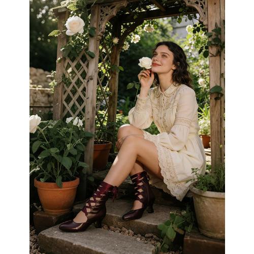 SaraIris Women's 6.5 Dark Red And Black Mary Janes Kitten Heel Round Toe Ankle Strap Lace Up Shoes