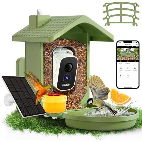 Smart Bird Feeder with Camera Solar Powered, AI Birds Species Identification, 2.5K HD Video Bird House with Camera for Outside, Weatherproof Design Ideal Gifts for Valentine's Day, Bird Lovers, Green