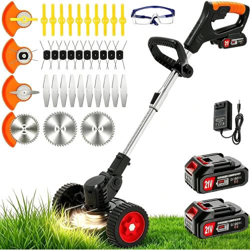 Electric Weed Wacker Cordless Weed Eater, Stringless Trimmer Battery Powered 4 in 1 Lightweight Grass Trimmer/Brush Cutter/Edge, 4 Types Blade, No String Weed Trimmer with Wheels for Lawn Yard Garden