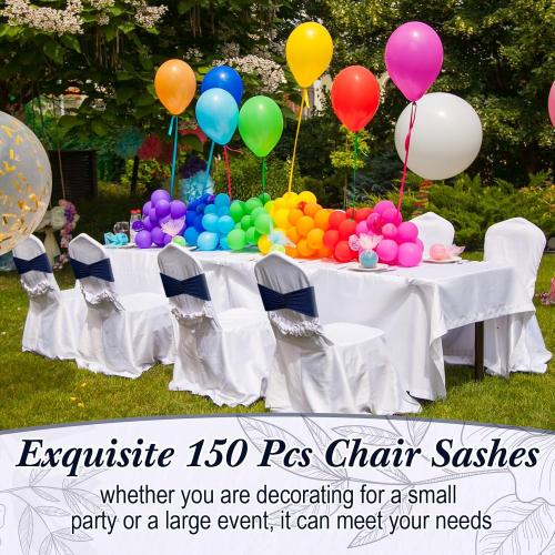 Moukeren 150 Pcs Spandex Chair Sashes Bows Bands Chair Covers Decorations Elastic Ribbon Seat Ties for Wedding Birthday Party Banquet Hotel Events Ceremony(Navy Blue)