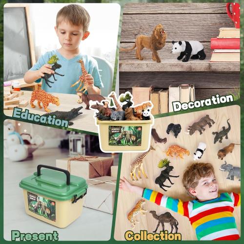 FRUSE Safari Animals Figures Toys w/ 57”x38.5”Jumbo Play Mat,12PCS Realistic Jungle Wild Zoo Animals Figurines Playset with Panda,Lion,Elephant,Educational Learning Toys for Toddlers Kids