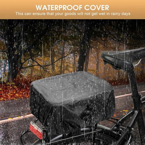 Bike Rear Basket with Waterproof Cover, Cargo Net, Wooden Base, 13.8X11.8X6.7 Heavy Duty Metal Ebike Rear Basket