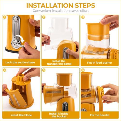 SUSTEAS Rotary Cheese Grater with Handle - Vegetable Shredder with 5 Well-designed Blades & Strong Suction Base,Round Mandoline Slicer & Food Chopper for Kitchen,with Blade Storage Box(Yellow)