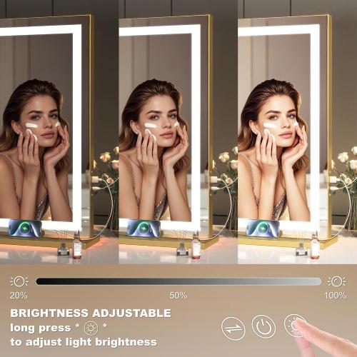 Hasipu Vanity Mirror with Lights, 23 x 18 LED Makeup Mirror, Lighted Makeup Mirror with Dimmable 3 Modes, Touch Screen Control Vanity Mirror Square Gold