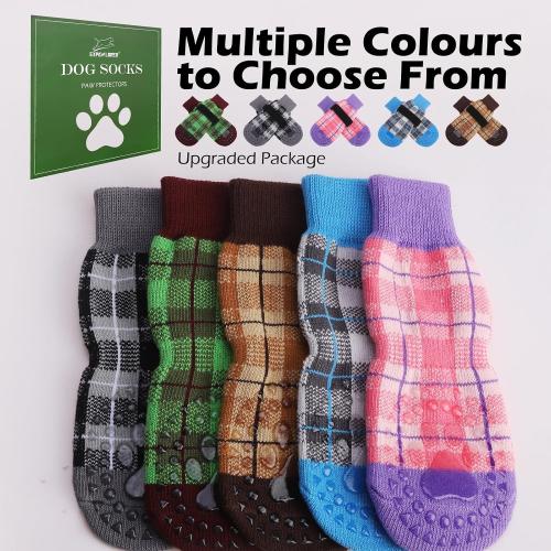 EXPAWLORER Dog Socks to Prevent Licking Paws,4 Pcs Double Sided Anti Slip Dog Socks with Grippers,Dog Shoes Grips for Hardwood Floors,Dog Booties for Small Medium Large Senior Dogs,Pink Purple XL