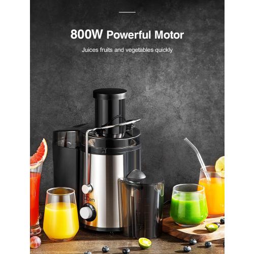 Color  black Qcen Juicer Machine, 800W Centrifugal Juicer Extractor with Wide Mouth 3” Feed Chute for Fruit Vegetable, Easy to Clean, Stainless Steel, BPA-free (Black)