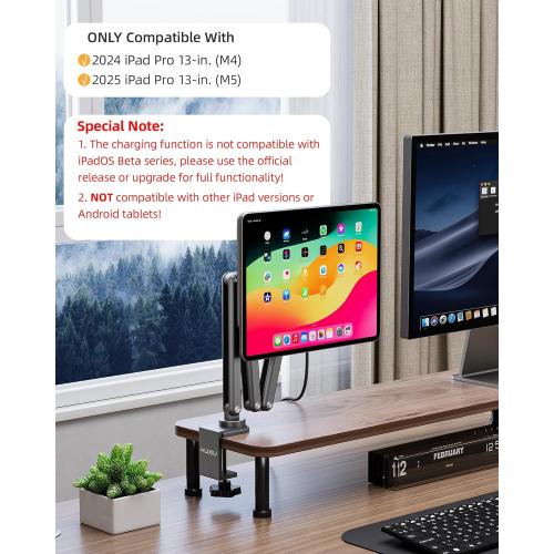KU XIU [Upgrade Magnetic Wireless Charging Stand for iPad Pro 13 M4/M5 Only, Aluminum Alloy Tablet iPad Arm Mount Holder for Desk, 360° Adjustable Foldable Tablet Stand with 2M USB C Cable