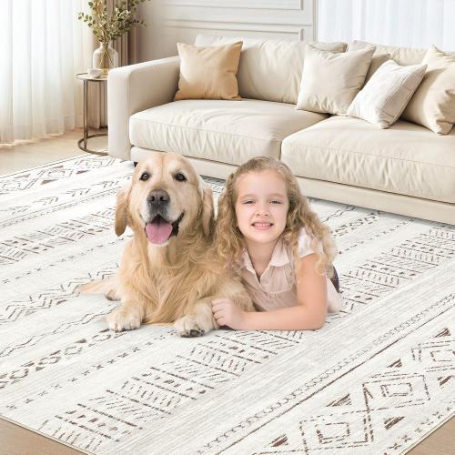 cotiled 8x10 Area Rug Living Room: Washable Boho Rugs with Non Slip Backing Large Soft Indoor Stain Resistant Carpet for Bedroom Farmhouse Dining Room Lightweight Home Decor L Brown/Cream