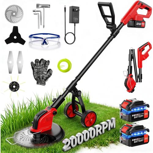 12-Inch Cordless Electric Weed Wacker, 2x3.0Ah 21V Battery Powered Weed Eater with Wheels, 800W Brushless Motor, Lawn Mower with 4 Types Blades, 20000RPM Brush Cutter Grass Trimmer for Garden Yard