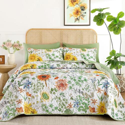 Yiran Floral Quilts ,Sunflower Botanical Bedspreads, Sage Green | Soft Lightweight Bedding Set, Microfiber Coverlet with 2 Pillow Shams, Summer Bed Sets for All Season
