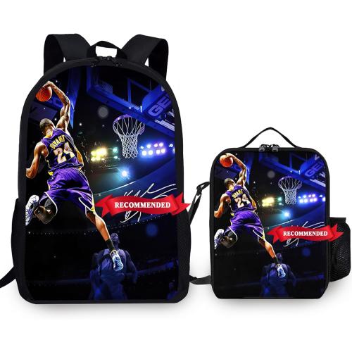17in Double Shoulder Backpack 2Pcs Basketball Sports Star Backpack Sets, Lightweight Laptop Bag with Lunch Bag