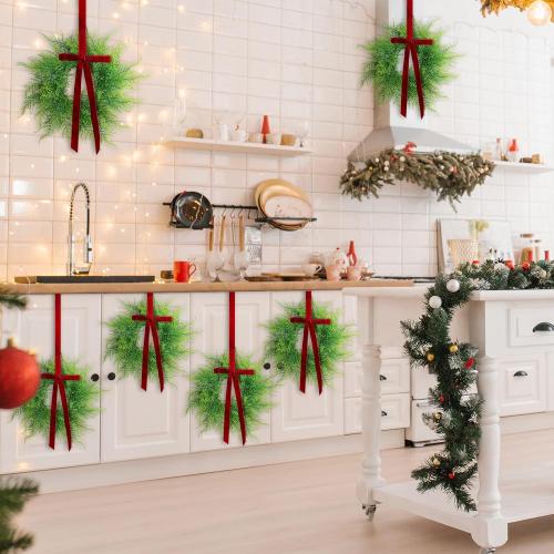 XunYee 4 Pack Small Christmas Wreath for Cabinet Home Kitchen Whimsical Decor with Velvet Bow 11 Persian Grass Lime Green Green Fern Mini Wreaths for Xmas Home Candle Window Chair Fence Decor