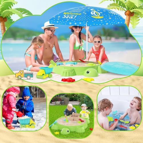 Upgraded Kids Turtle Sandbox with Lid & Adjustable Umbrella, Truck Toy & 8pcs Sand Shovels, Sand Box with Cover, Beach Toys for Toddlers 3-5, Plastic Indoor Outdoor Play Toys Gift for Girls Boys