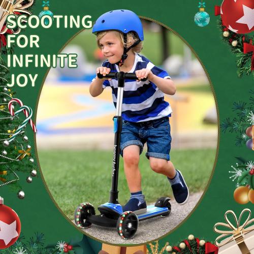 Blue and Black Besrey Kick Scooter for Kids Ages 3-10, 3-Wheel Folding Scooter with Adjustable Height, LED Light Wheels, Extra Wide Deck for Outdoor Activities