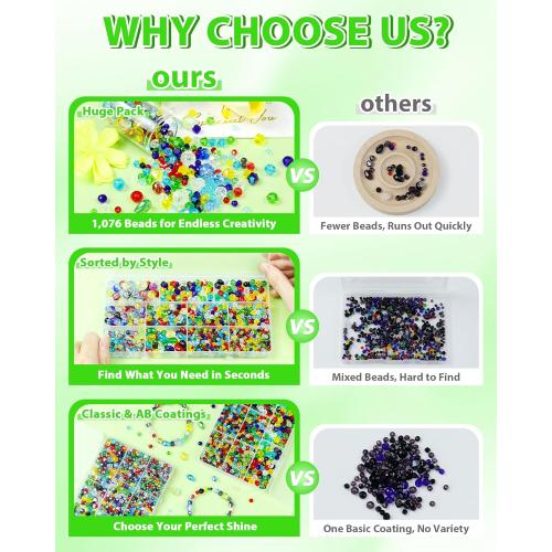 1076PCS FIVEIZERO Crystal Glass Beads for Jewelry Making, Assorted Rainbow Crackle, Faceted, Bicone and Teardrop Beads for Bracelets, Suncatchers and DIY Crafts