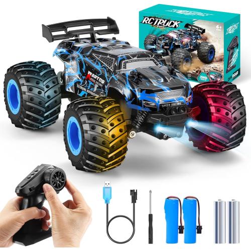 Remote Control Car, 1:18 Rc Cars, All-Terrain RC Truck with LED Light, 20KM/H, Rechargeable, 2WD, 2.4GHz, Sturdy PVC Shell, Remote Control Truck for Boys 4-7 8-12, Beginner