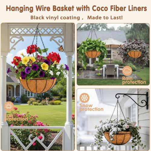 14 inch Metal Hanging Baskets For Plants Outdoor 4 Pack Round Metal Wire Hanging Basket Planter with Coco Fiber Liners Chain Round Wire Plant Holder for Garden, Patio, Deck, Porch Plants Flower Potss