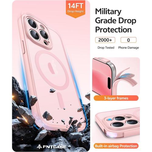 FNTCASE for iPhone 14 Pro Max Case: [Compatible with Magsafe] Translucent Matte Cases with [Full Camera Protection] [Screen Protector] Military Grade Shockproof Protective Phone Cover - Light Pink