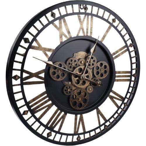 24 Inch Large Digital Wall Clock with Real Moving Gears-Round Silent Vintage Industrial Metal Farmhouse Clock for Bedroom, Battery Operated, Roman Numeral, Golden