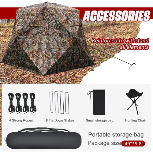 Wide Bottom Hunting Blind 3/4 Person with Portable Chair, 270/360 Degree See Through Pop up Ground Blinds for Deer Turkey Duck Hunting, Bow Hunting Adjust Windows with Silent Zipper