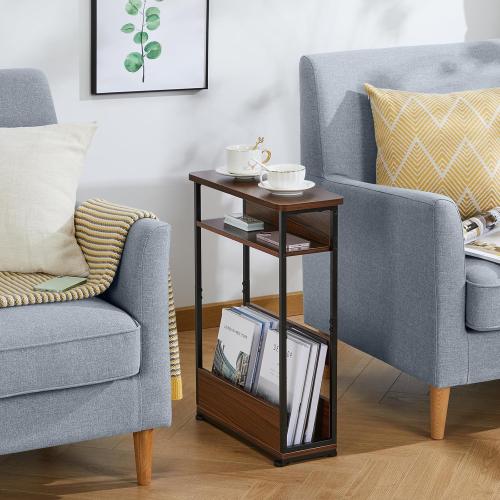 Vintage Narrow Side Table with Storage Shelf, 3 Tier Slim End Table Modern Sofa Table for Narrow and Small Spaces, 24.6 Inch Height Bedside Table Small Nightstand with Magazine Rack
