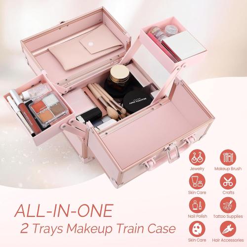 Makeup Train Case 2 Trays Makeup Box Organizer Portable Travel Makeup Case Lockable Makeup Storage Organizer Cosmetic Box for Jewelry Nail Tech Brushes Accessories Tool, Pink Pro