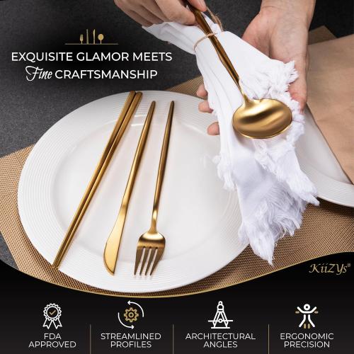Matte Gold Utensils Set - 16-piece KiiZYs Cutlery Stainless Steel Silverware - Flatware Set Korean Chopsticks Fork Spoon Knife - Cubiertos Dorados Dishwasher Safe Gift Box (Gold, Service for 4)