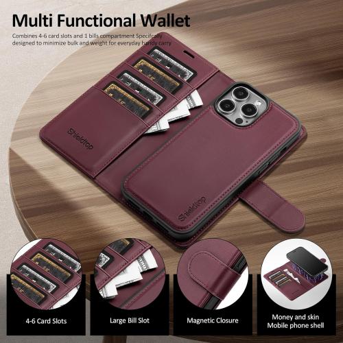 Shieldtop Compatible with Magsafe Magnetic 2 in 1 Detachable iPhone 13 Pro Max Wallet Case with Card Holder Credit Slots Men Women,PU Leather RFID Blocking Flip Kickstand for Apple 13 Pro Max,Wine Red