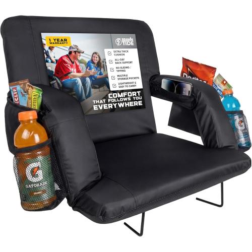 BRAWNTIDE Stadium Seat for Bleachers with Back Support - Wide Padded Reclining Bleacher Seat, Portable Folding Stadium Chair with Armrests, Hooks, Straps, Cup Holders & Pockets (Black, 23)