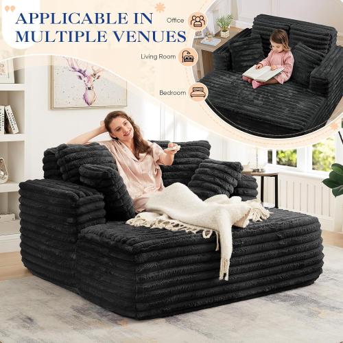 Oversized Chaise Lounge Indoor, Modern Plush Corduroy Fabric Deep Seat Boneless Memory Foam Sleeper Chaise Lounge Sofa Chair with Pillows for Living Room Bedroom Studio, No Assembly Couch, Black