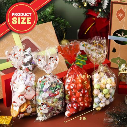 JOYIN 144 PCS Christmas Cellophane Bags with Ribbon for Holiday Treats, Christmas Clear Cello Gift Candy Cookie Bags for Party Favors, Festivals Presents, Party Supplies (11” X 5”)