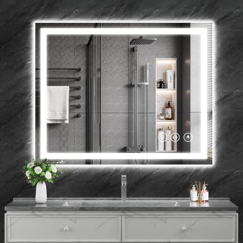 Koonmi 40x30 LED Mirror for Bathroom, 90CRI Anti-Fog Vanity Mirror with Front and Backlight, Shatter-Proof Wall Mirror with Light, Easy Install Lighted Mirror for Modern Bathroom (IP65)