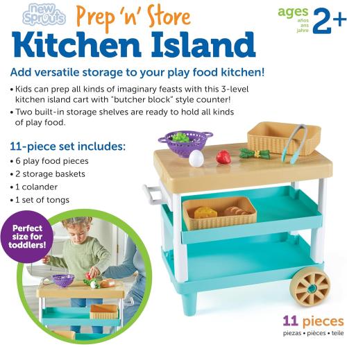 Learning Resources New Sprouts Prep 'n' Store Kitchen Island - Ages 2 , Play Food for Kids, Grocery Store Toys for Toddlers,11 Pieces