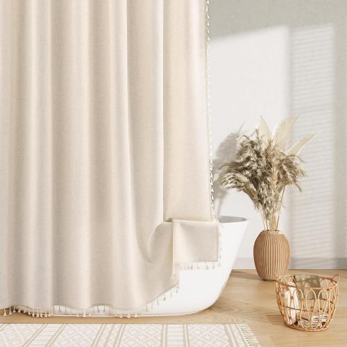 Nanspring Beige Boho Linen Shower Curtain 72 Inch Cute Tassel Natural Boho Vintage Rustic Fabric Bath Curtain Set with Hooks Neutral Farmhouse Country Elegant Shower Curtain for Bathroom 72x72, Beige