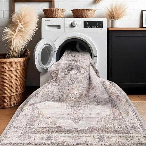 Area Rugs with Living Room：Machine Washable Rug - Soft Carpet for Bedroom - Waterproof Stain Resistant Vintage Distressed Area Rug Beige